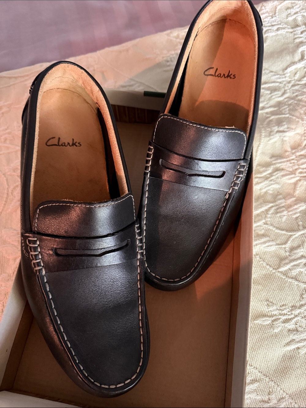 Clarks Black Leather Penny Loafers with Contrast Stitching